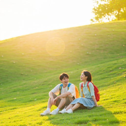 年轻情侣甜蜜合影，户外公园背景，阳光明媚，两人笑容灿烂