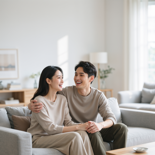 中年夫妻温馨合影，家中客厅背景，两人拥抱微笑，充满温情